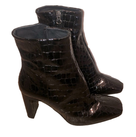 L’INTERVALLE Black Patent Leather Croc Print Square Toe Heel Boots Sz 40 - Picture 9 of 9